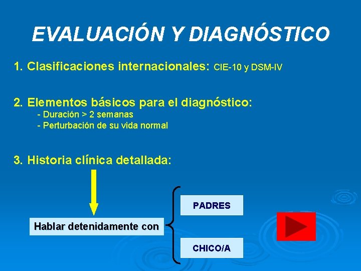 EVALUACIÓN Y DIAGNÓSTICO 1. Clasificaciones internacionales: CIE-10 y DSM-IV 2. Elementos básicos para el EVALUACIÓN Y DIAGNÓSTICO 1. Clasificaciones internacionales: CIE-10 y DSM-IV 2. Elementos básicos para el