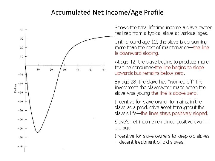 Accumulated Net Income/Age Profile Shows the total lifetime income a slave owner realized from
