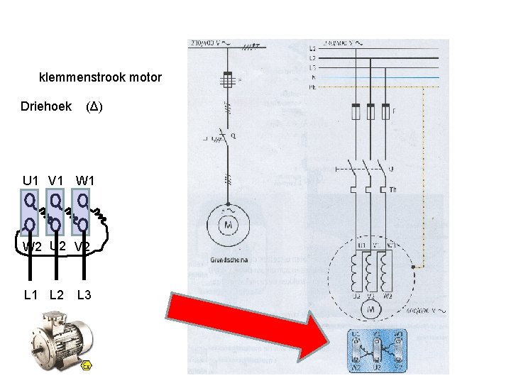 Schema klemmenstrook motor Driehoek (Δ) U 1 V 1 W 2 U 2 V Schema klemmenstrook motor Driehoek (Δ) U 1 V 1 W 2 U 2 V