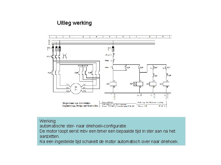 Uitleg werking Werking: automatische ster- naar driehoek-configuratie. De motor loopt eerst mbv een timer Uitleg werking Werking: automatische ster- naar driehoek-configuratie. De motor loopt eerst mbv een timer