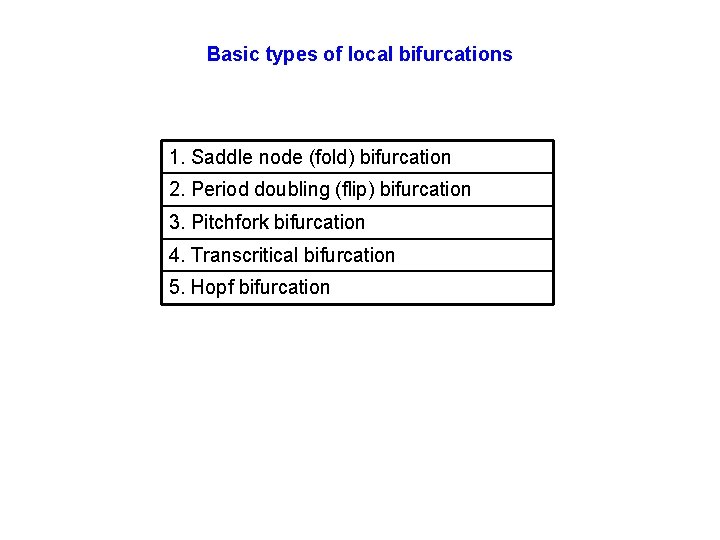Basic types of local bifurcations 1. Saddle node (fold) bifurcation 2. Period doubling (flip)