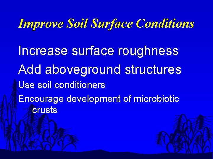 Improve Soil Surface Conditions Increase surface roughness Add aboveground structures Use soil conditioners Encourage