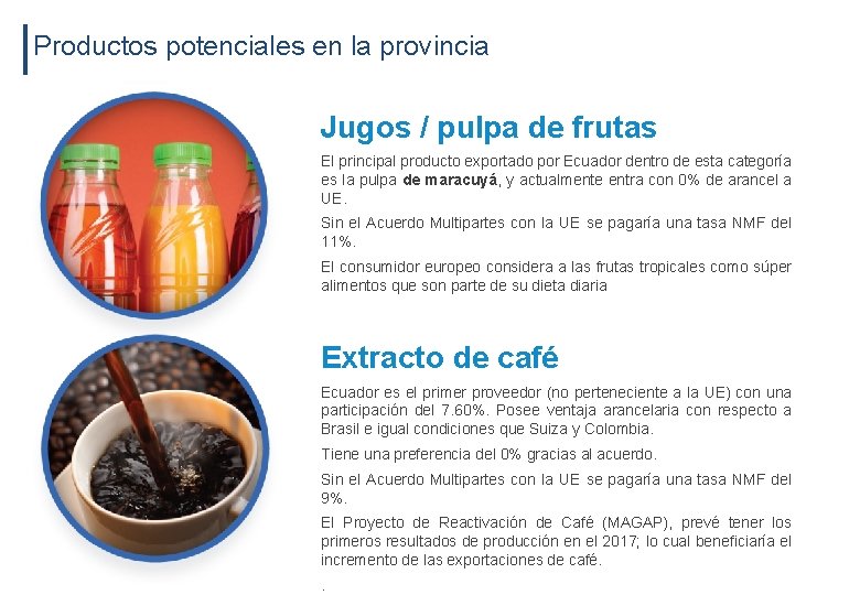 Productos potenciales en la provincia Jugos / pulpa de frutas El principal producto exportado