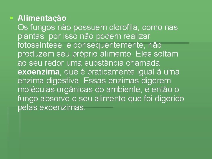 § Alimentação Os fungos não possuem clorofila, como nas plantas, por isso não podem
