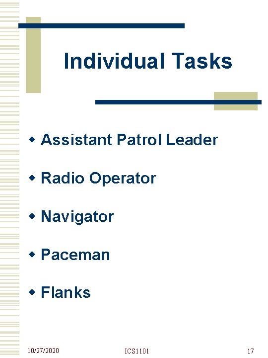 Individual Tasks w Assistant Patrol Leader w Radio Operator w Navigator w Paceman w