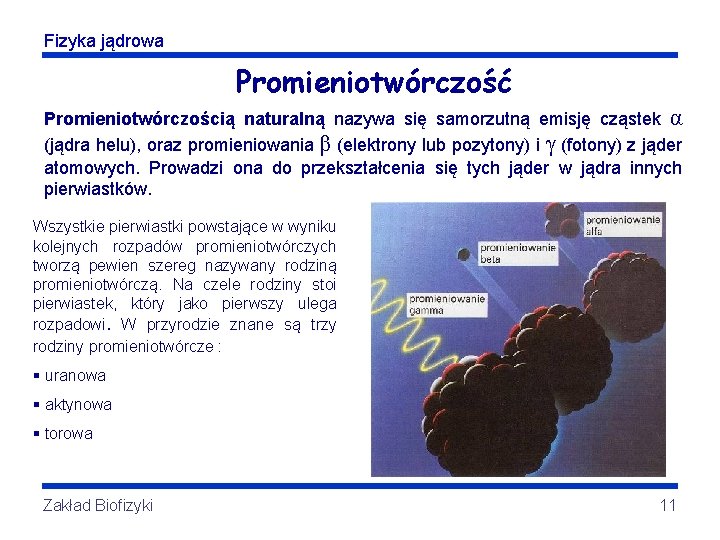 Fizyka jądrowa Promieniotwórczość Promieniotwórczością naturalną nazywa się samorzutną emisję cząstek α (jądra helu), oraz