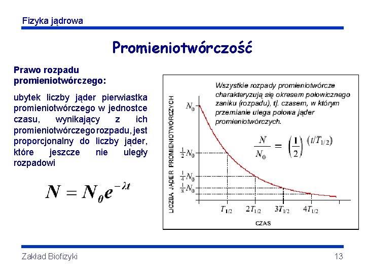 Fizyka jądrowa Promieniotwórczość Prawo rozpadu promieniotwórczego: ubytek liczby jąder pierwiastka promieniotwórczego w jednostce czasu,