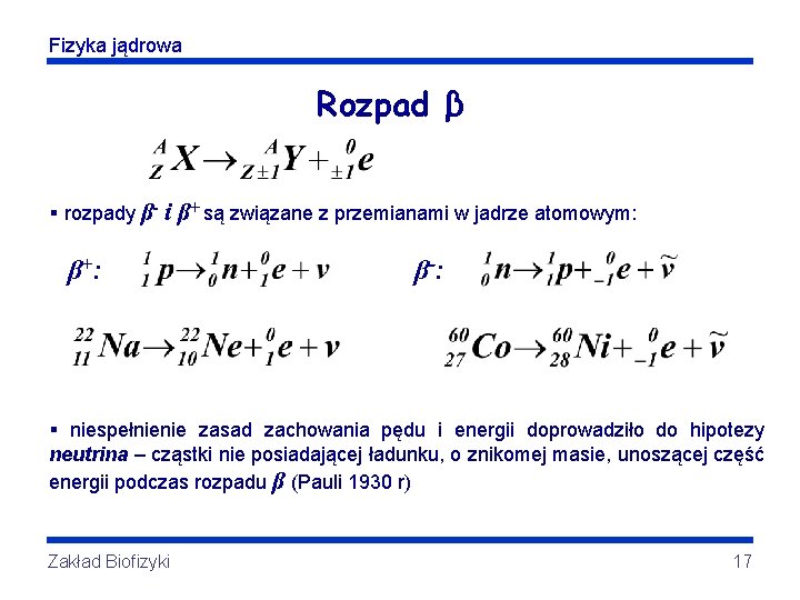 Fizyka jądrowa Rozpad β § rozpady β- i β+ są związane z przemianami w