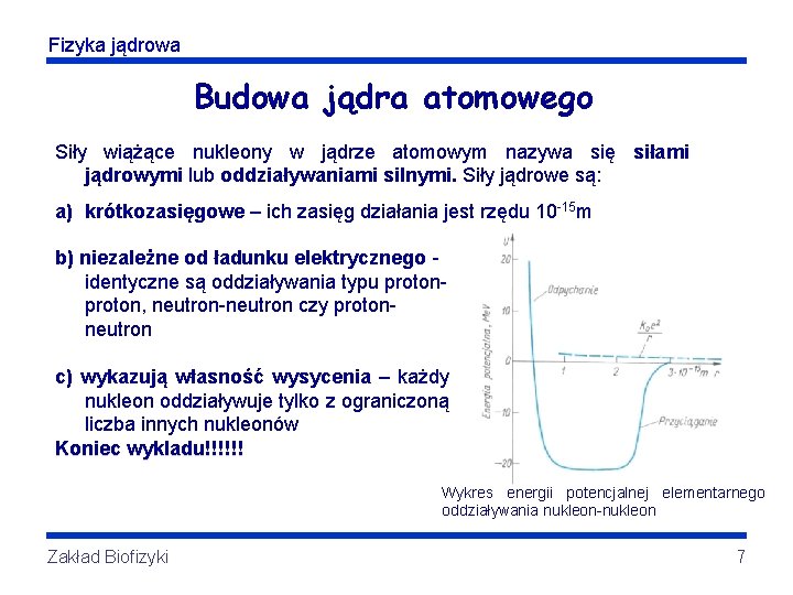 Fizyka jądrowa Budowa jądra atomowego Siły wiążące nukleony w jądrze atomowym nazywa się siłami