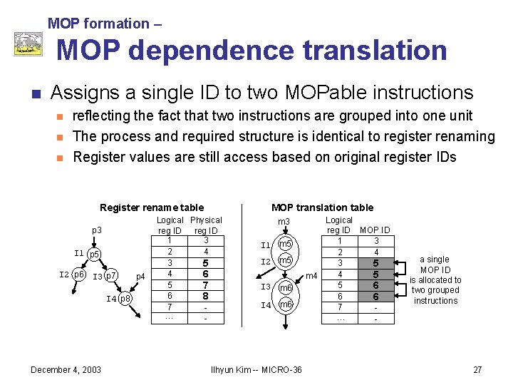 MOP formation – MOP dependence translation n Assigns a single ID to two MOPable
