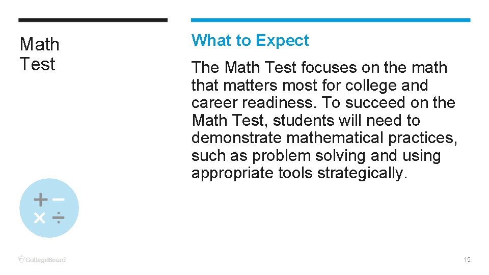Math Test What to Expect The Math Test focuses on the math that matters Math Test What to Expect The Math Test focuses on the math that matters