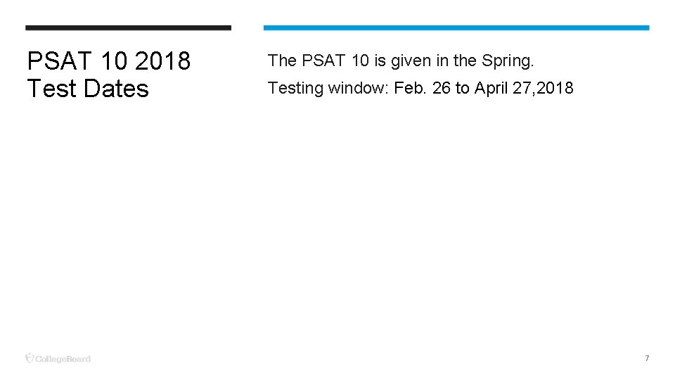 PSAT 10 2018 Test Dates The PSAT 10 is given in the Spring. Testing