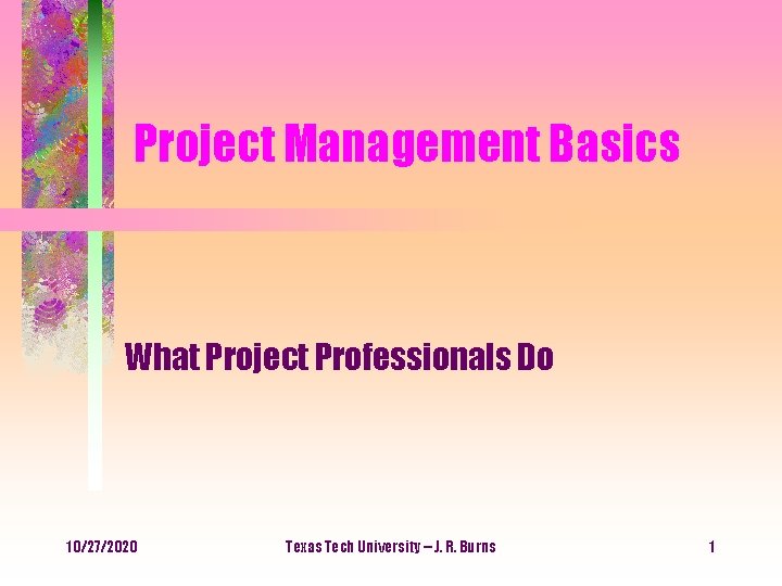 Project Management Basics What Project Professionals Do 10/27/2020 Texas Tech University -- J. R.