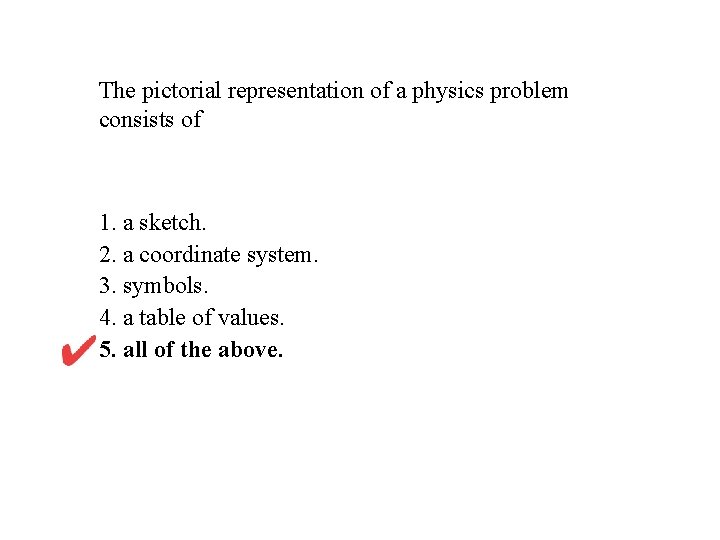 The pictorial representation of a physics problem consists of 1. a sketch. 2. a