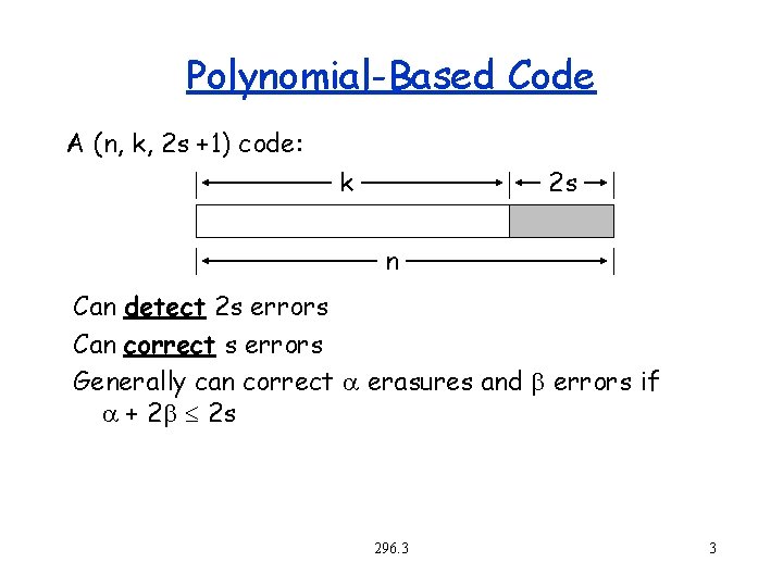 Polynomial-Based Code A (n, k, 2 s +1) code: k 2 s n Can