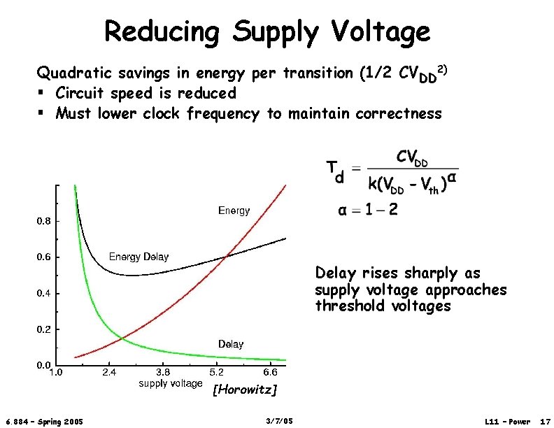 Reducing Supply Voltage Quadratic savings in energy per transition (1/2 CVDD 2) § Circuit