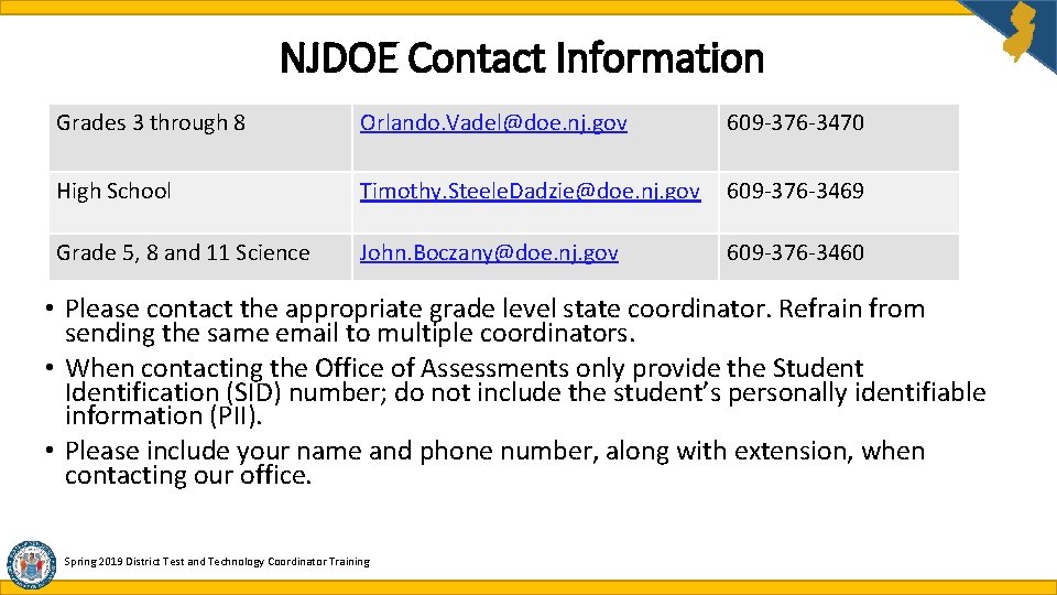 NJDOE Contact Information Grades 3 through 8 Orlando. Vadel@doe. nj. gov 609 -376 -3470 NJDOE Contact Information Grades 3 through 8 Orlando. Vadel@doe. nj. gov 609 -376 -3470