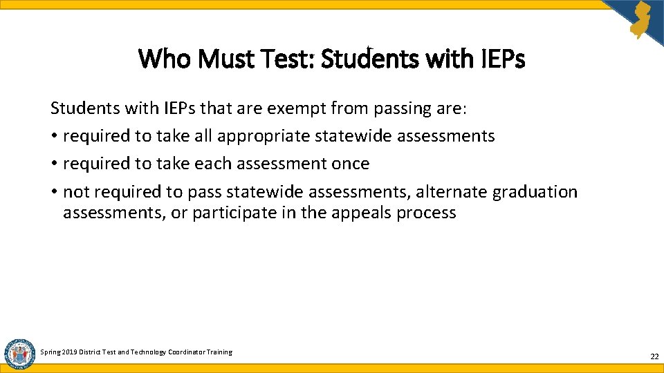 Who Must Test: Students with IEPs that are exempt from passing are: • required Who Must Test: Students with IEPs that are exempt from passing are: • required