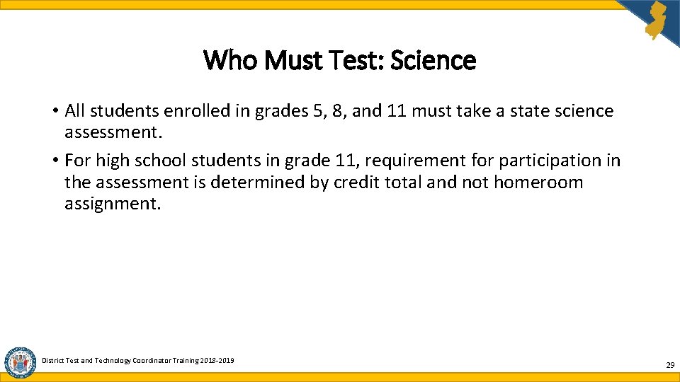 Who Must Test: Science • All students enrolled in grades 5, 8, and 11 Who Must Test: Science • All students enrolled in grades 5, 8, and 11