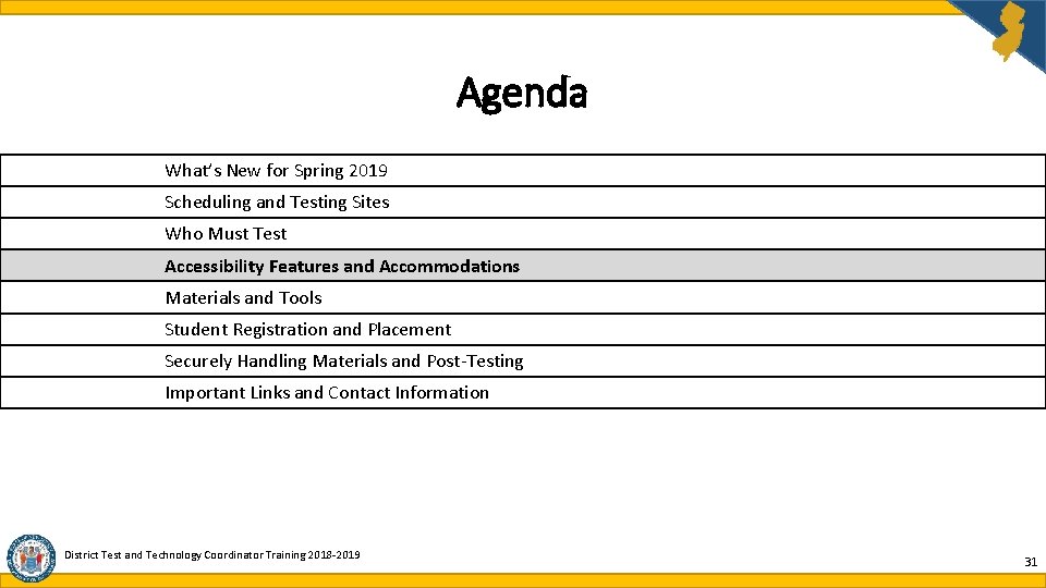 Agenda What’s New for Spring 2019 Scheduling and Testing Sites Who Must Test Accessibility Agenda What’s New for Spring 2019 Scheduling and Testing Sites Who Must Test Accessibility