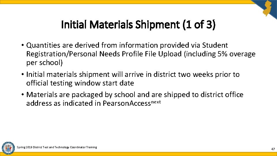 Initial Materials Shipment (1 of 3) • Quantities are derived from information provided via Initial Materials Shipment (1 of 3) • Quantities are derived from information provided via