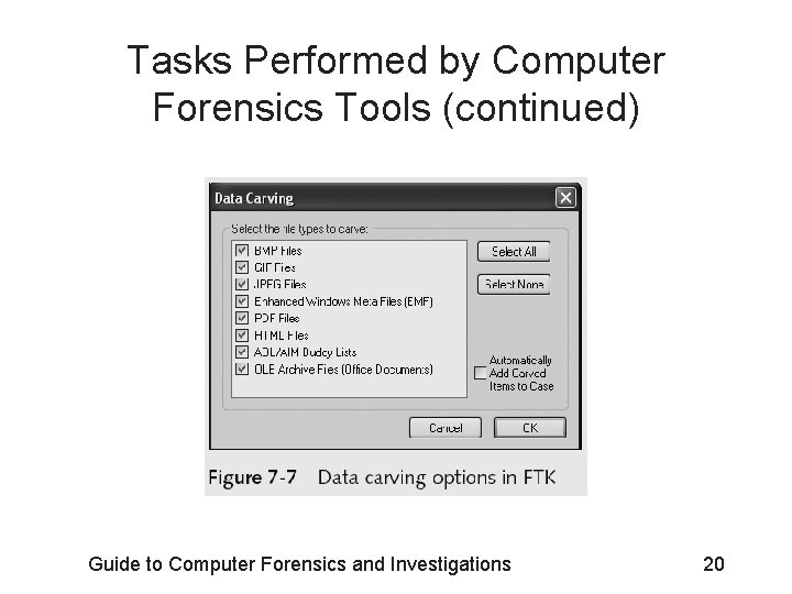 Tasks Performed by Computer Forensics Tools (continued) Guide to Computer Forensics and Investigations 20