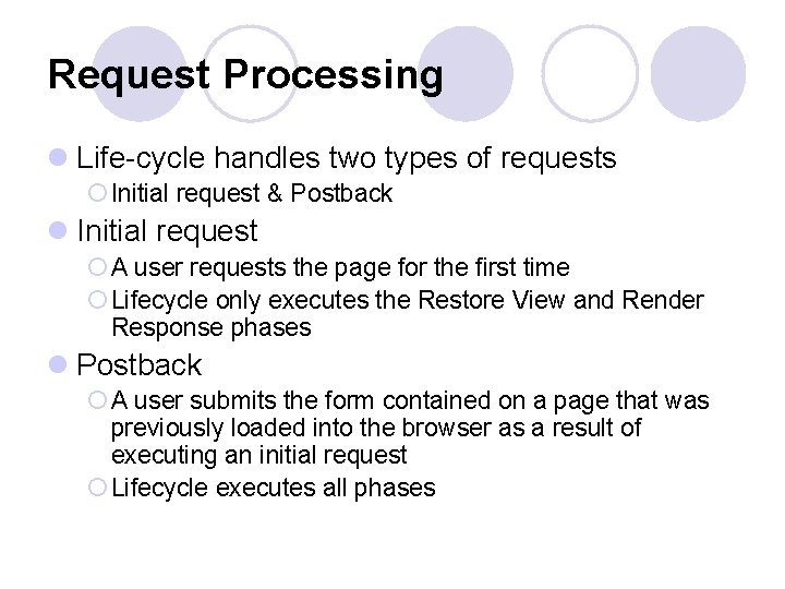 Request Processing l Life-cycle handles two types of requests ¡ Initial request & Postback