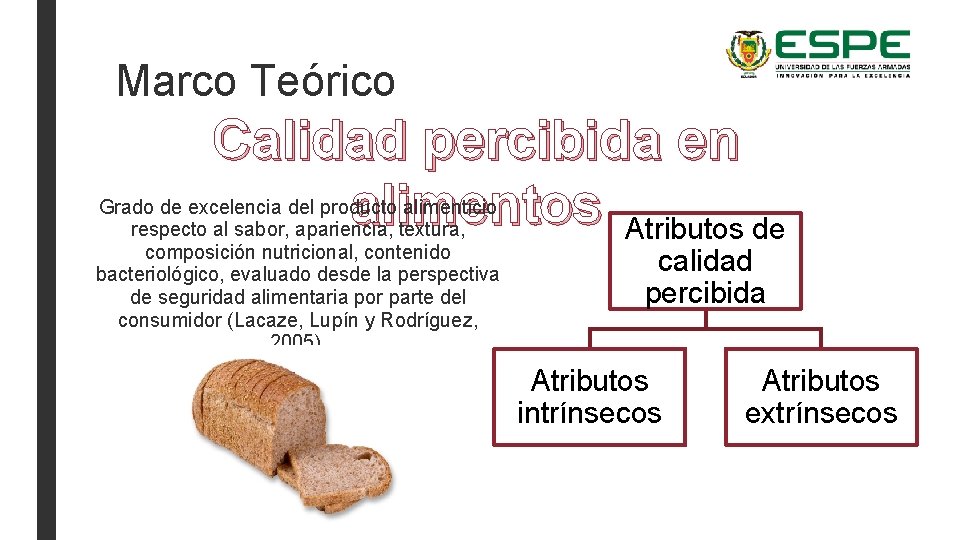 Marco Teórico Calidad percibida en alimentos Atributos de Grado de excelencia del producto alimenticio