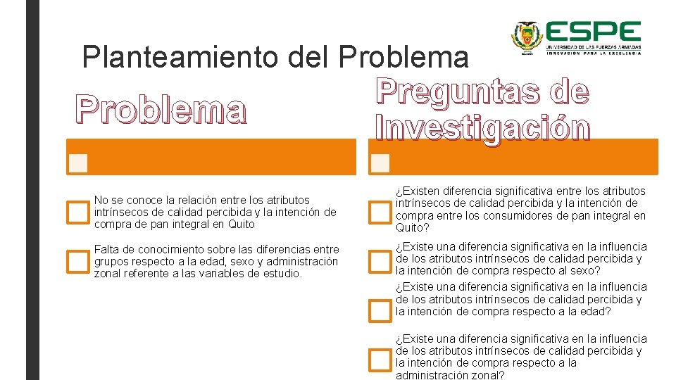 Planteamiento del Problema No se conoce la relación entre los atributos intrínsecos de calidad