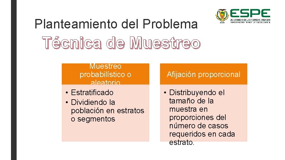 Planteamiento del Problema Técnica de Muestreo probabilístico o aleatorio • Estratificado • Dividiendo la