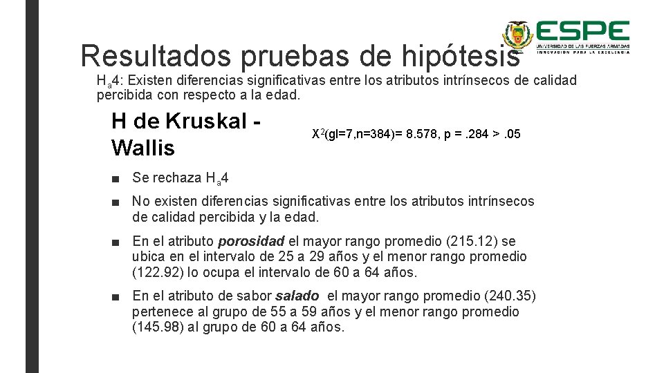 Resultados pruebas de hipótesis Ha 4: Existen diferencias significativas entre los atributos intrínsecos de