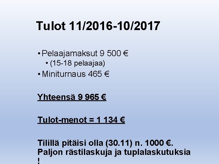 Tulot 11/2016 -10/2017 • Pelaajamaksut 9 500 € • (15 -18 pelaajaa) • Miniturnaus