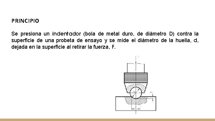 PRINCIPIO Se presiona un indentador (bola de metal duro, de diámetro D) contra la