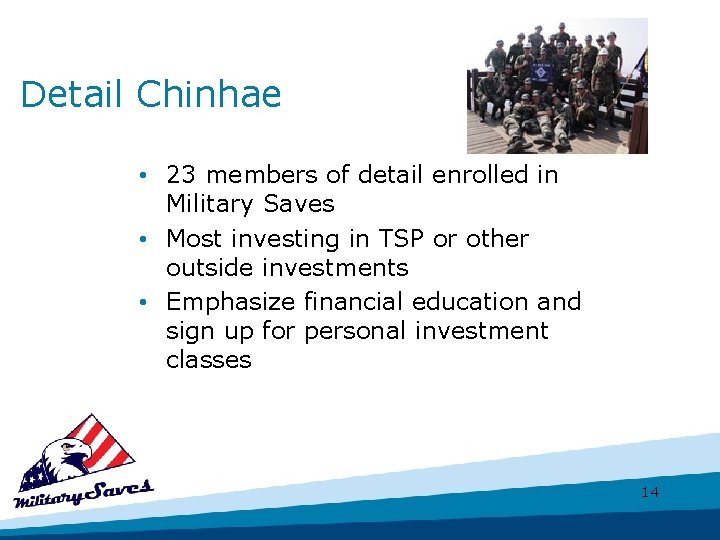 Detail Chinhae • 23 members of detail enrolled in Military Saves • Most investing