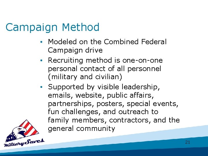 Campaign Method • Modeled on the Combined Federal Campaign drive • Recruiting method is