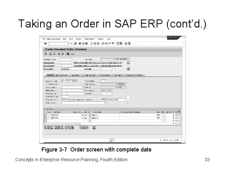 Taking an Order in SAP ERP (cont’d. ) Figure 3 -7 Order screen with Taking an Order in SAP ERP (cont’d. ) Figure 3 -7 Order screen with
