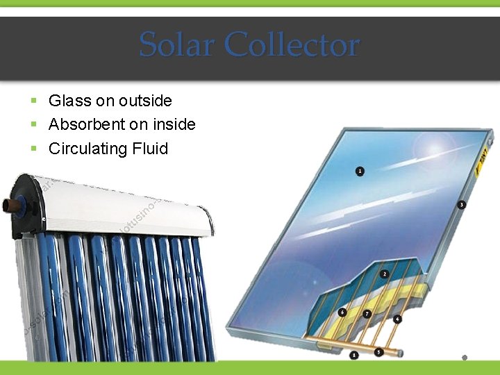 Solar Collector § Glass on outside § Absorbent on inside § Circulating Fluid 