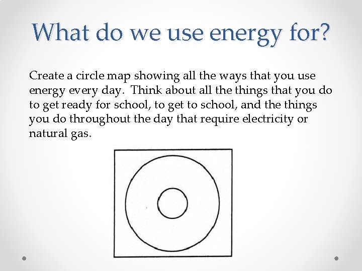 What do we use energy for? Create a circle map showing all the ways