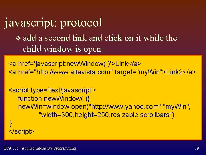 javascript: protocol v add a second link and click on it while the child