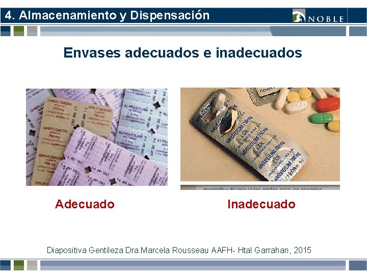 4. Almacenamiento y Dispensación Envases adecuados e inadecuados Adecuado Inadecuado Diapositiva Gentileza Dra. Marcela 4. Almacenamiento y Dispensación Envases adecuados e inadecuados Adecuado Inadecuado Diapositiva Gentileza Dra. Marcela