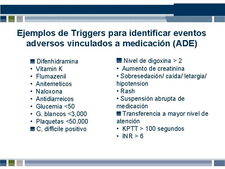 Ejemplos de Triggers para identificar eventos adversos vinculados a medicación (ADE) Difenhidramina • Vitamin Ejemplos de Triggers para identificar eventos adversos vinculados a medicación (ADE) Difenhidramina • Vitamin
