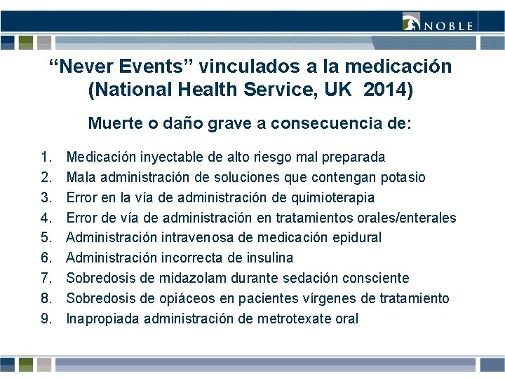 “Never Events” vinculados a la medicación (National Health Service, UK 2014) Muerte o daño “Never Events” vinculados a la medicación (National Health Service, UK 2014) Muerte o daño