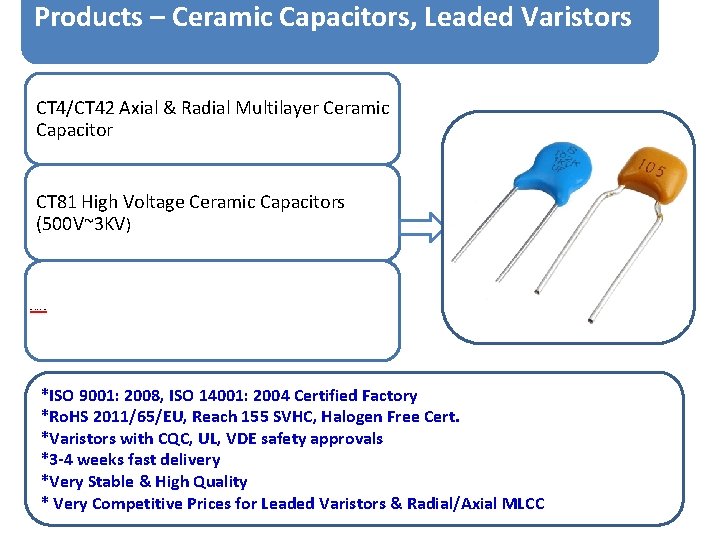 Products – Ceramic Capacitors, Leaded Varistors CT 4/CT 42 Axial & Radial Multilayer Ceramic