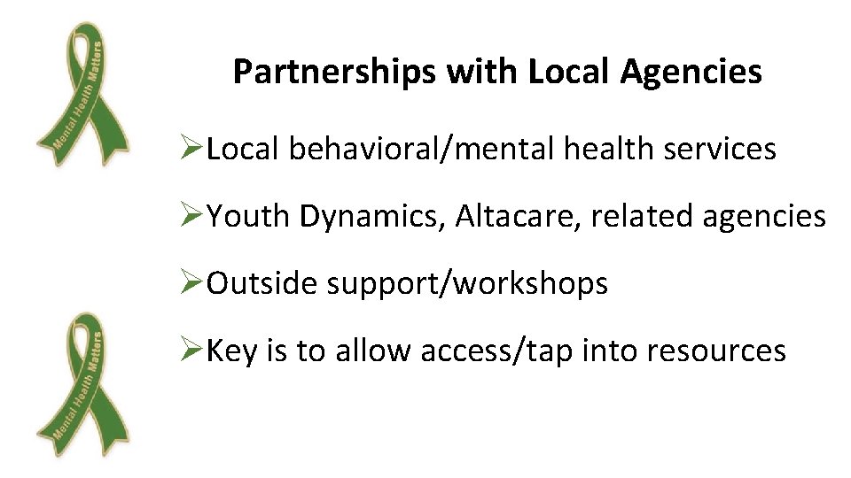 Partnerships with Local Agencies ØLocal behavioral/mental health services ØYouth Dynamics, Altacare, related agencies ØOutside