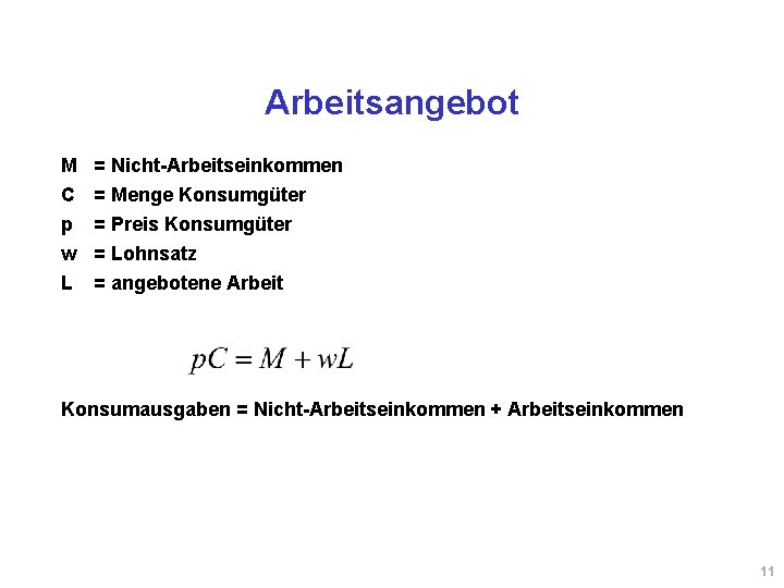Arbeitsangebot M = Nicht-Arbeitseinkommen C = Menge Konsumgüter p = Preis Konsumgüter w = Arbeitsangebot M = Nicht-Arbeitseinkommen C = Menge Konsumgüter p = Preis Konsumgüter w =