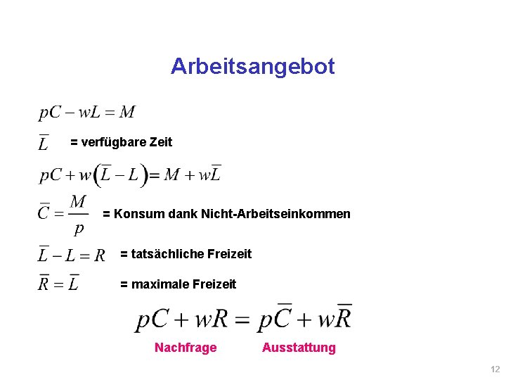 Arbeitsangebot = verfügbare Zeit = Konsum dank Nicht-Arbeitseinkommen = tatsächliche Freizeit = maximale Freizeit Arbeitsangebot = verfügbare Zeit = Konsum dank Nicht-Arbeitseinkommen = tatsächliche Freizeit = maximale Freizeit