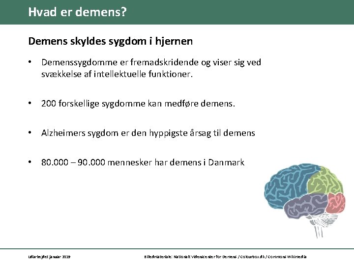 Hvad er demens? Demens skyldes sygdom i hjernen • Demenssygdomme er fremadskridende og viser