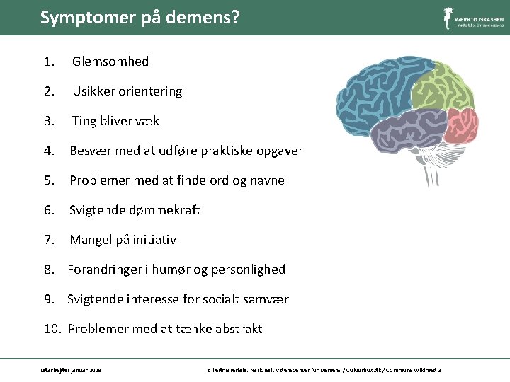 Symptomer på demens? 1. Glemsomhed 2. Usikker orientering 3. Ting bliver væk 4. Besvær