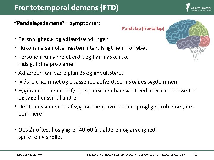 Frontotemporal demens (FTD) ”Pandelapsdemens” – symptomer: Pandelap (frontallap) • Personligheds- og adfærdsændringer • Hukommelsen