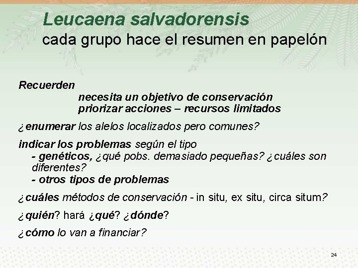 Leucaena salvadorensis cada grupo hace el resumen en papelón Recuerden necesita un objetivo de